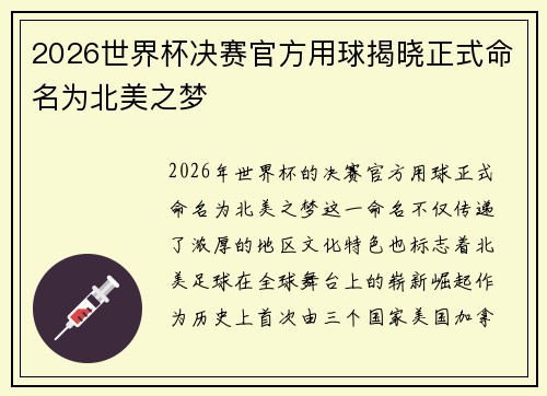 2026世界杯决赛官方用球揭晓正式命名为北美之梦