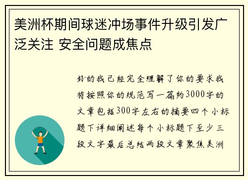 美洲杯期间球迷冲场事件升级引发广泛关注 安全问题成焦点